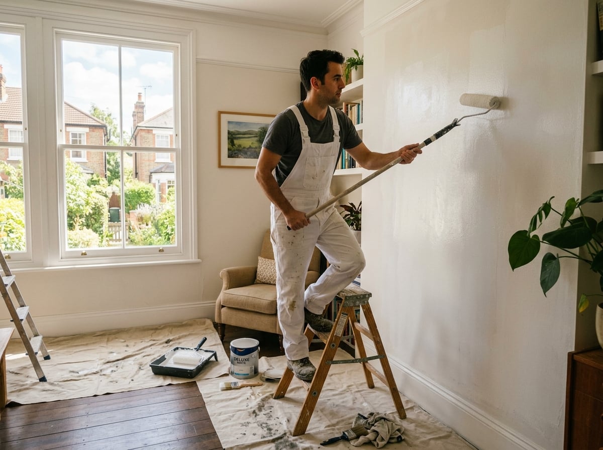 Professional decorator painting an interior wall of a British home