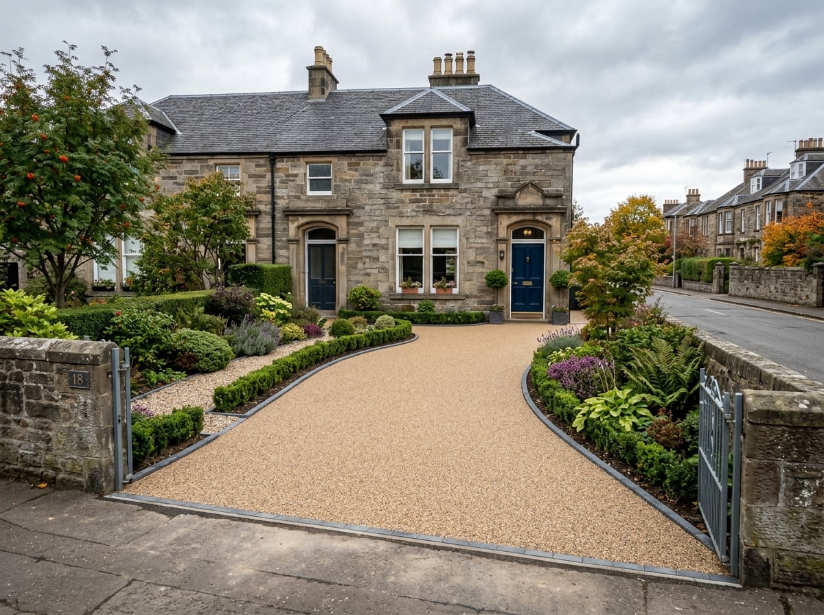 Freshly laid resin-bound gravel driveway in front of a Scottish stone house